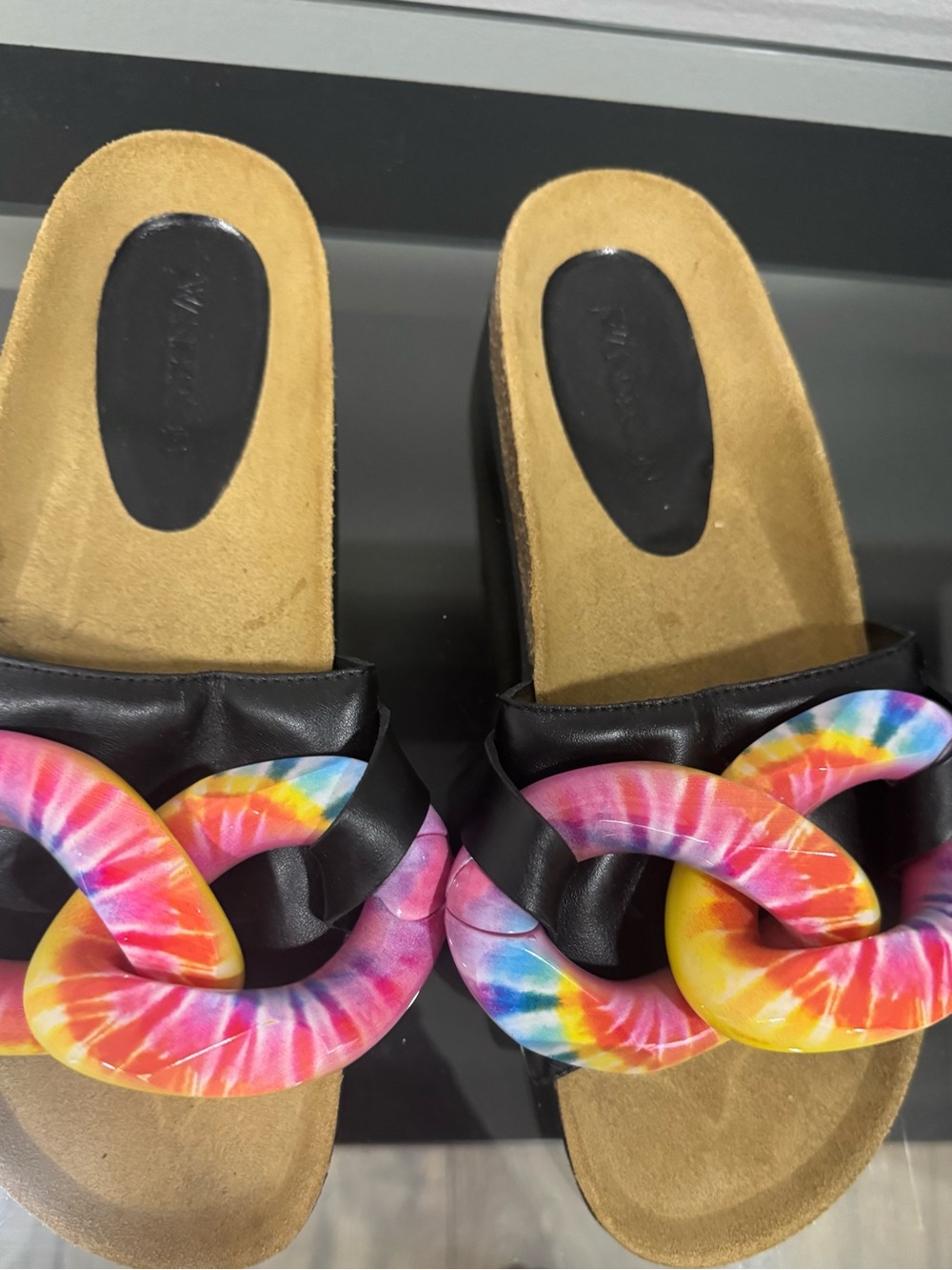 JW ANDERSON Black Slide Sandals with Multicolor Tie-Dye Chain—-BRAND NEW